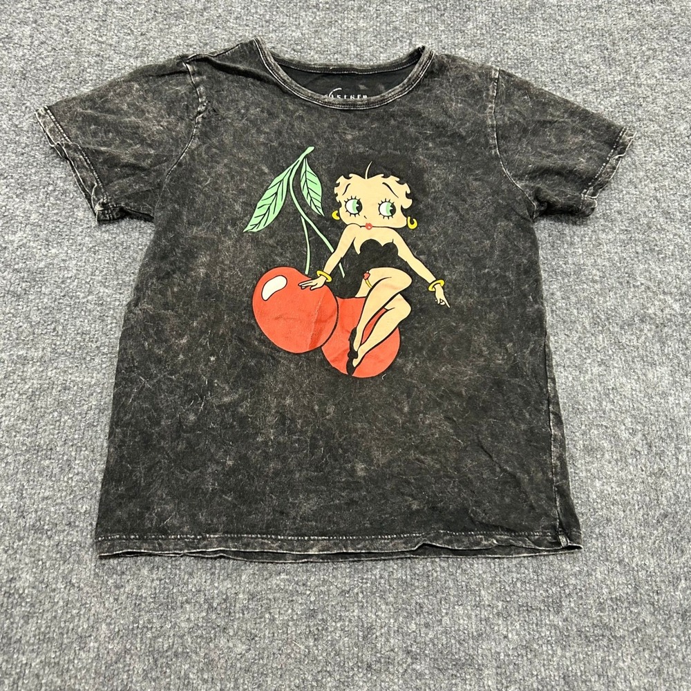 Fleischer Studios T-Shirt Womens XS Black Acid Wash Betty Boop Graphic Crew Neck